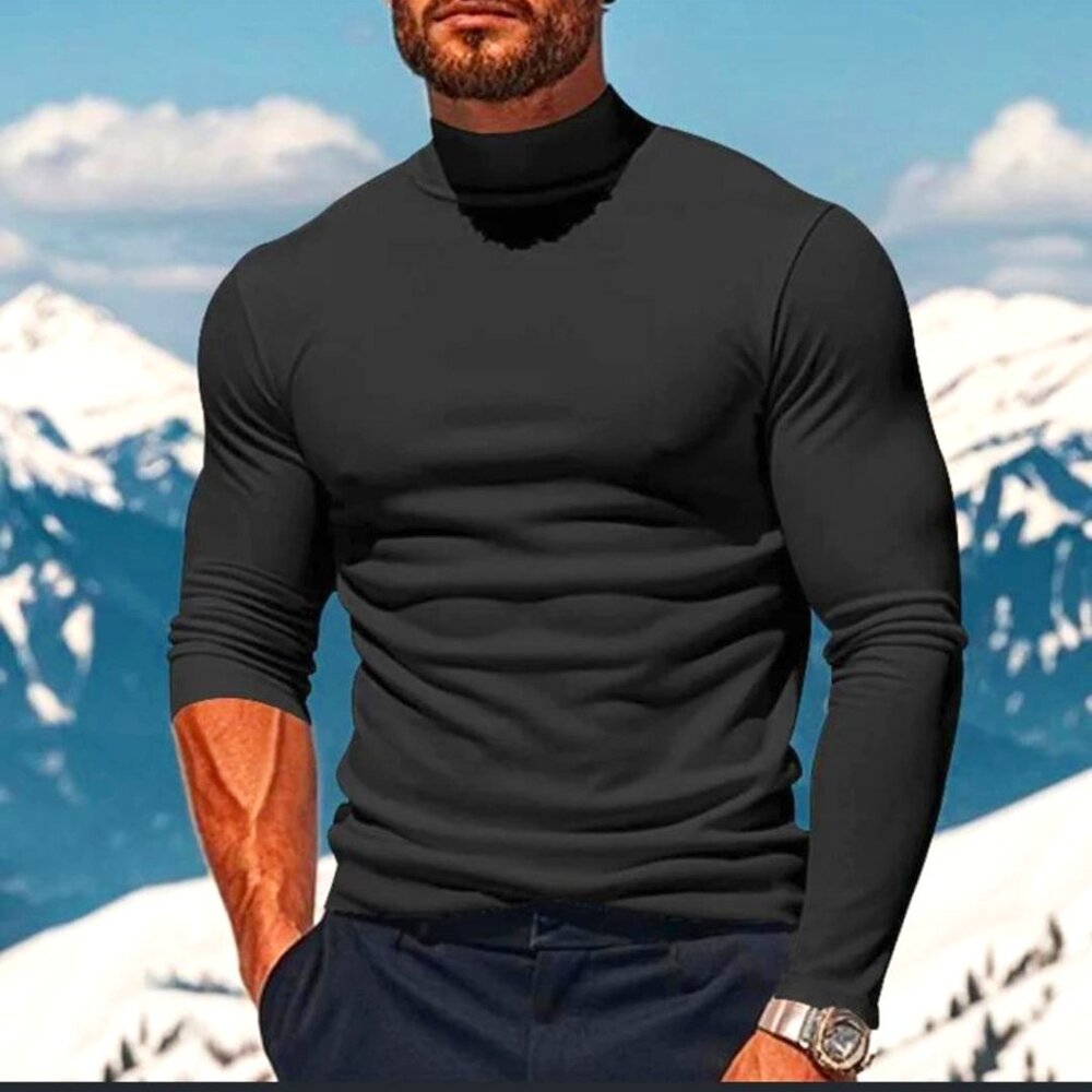 Men's Solid Color Plush Half High Collar Long Sleeve T-shirt